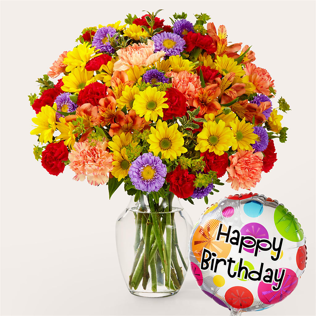 Kaleidoscope Bouquet with Birthday Balloon – Floreria Mexico, Huntington Park CA