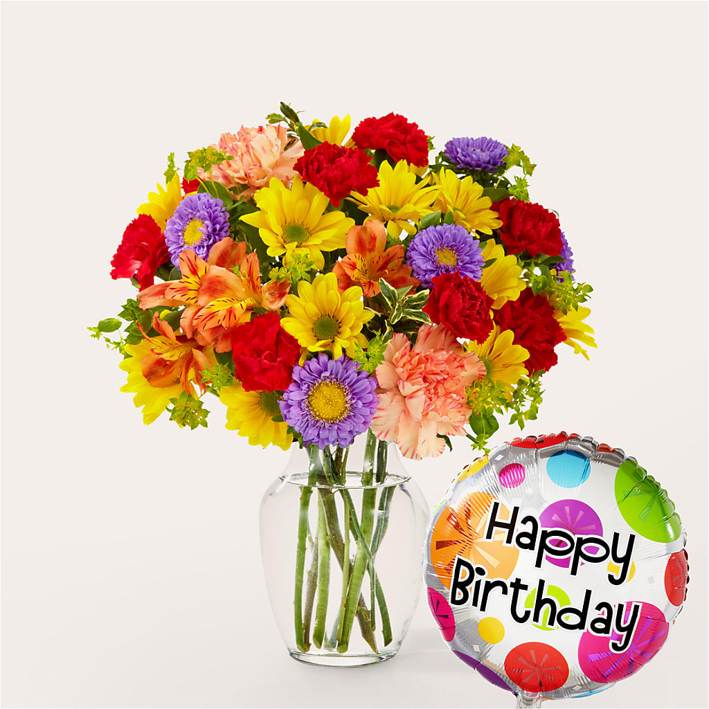 Kaleidoscope Bouquet with Birthday Balloon – Floreria Mexico, Huntington Park CA