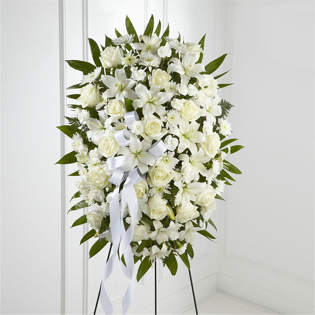 Exquisite Tribute Standing Spray-White Ribbon – Floreria Mexico, Huntington Park CA