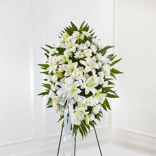 Exquisite Tribute Standing Spray-White Ribbon – Floreria Mexico, Huntington Park CA