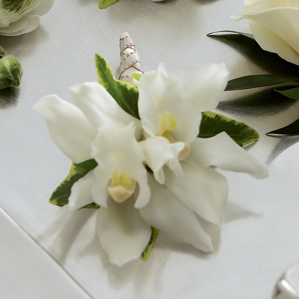 White Mini Cymbidium Boutonniere – Floreria Mexico, Huntington Park CA